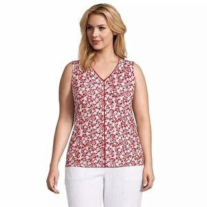 Lands End Tank Top Plus Size 2X 20W 22W Red White Floral PomPom Trim Tencel Soft